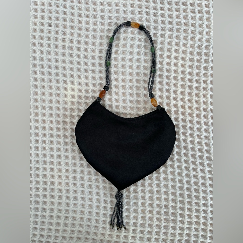 Elegant Black Heart-shaped Mini Bag with Silver and Bead Accents, Handle, Tassel - Picture 2 of 8